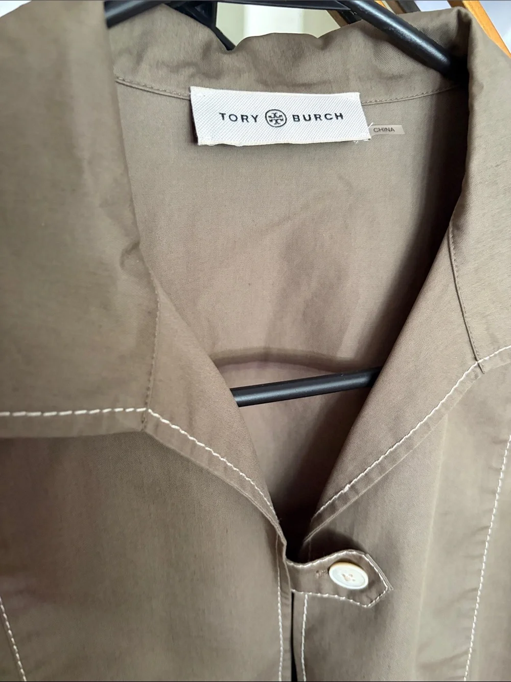 Tory Burch Olive/Taupe Shirt Dress with White Contrast Stitching